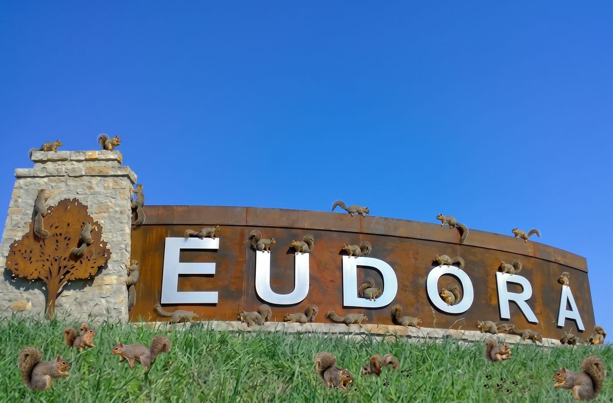 The big EUDORA welcome sign overrun by squirrels: squirrels perched on the letters, climbing the stone pillar and scampering through the grass under a bright blue sky